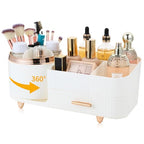 Makeup Organizer Countertop with Drawer 360 Rotating Brush Holder Storage Large Capacity Skincare Cosmetic Display Cases for Vanity Bathroom Desktop, Model 3016 White - color: White