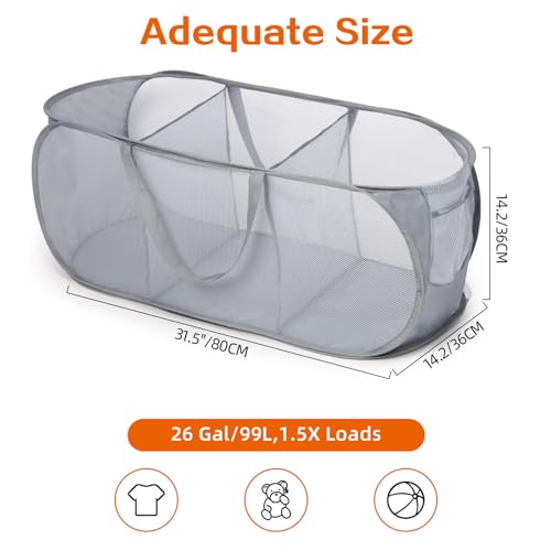 Durable Collapsible Foldable Pop Up Laundry Hamper, Sturdy 3 Compartments, Handy Pocket & Easy to Sort Clothes Hampers for Dorm, Kids Room, Travel - Grey - color: Gray, size: 3 Compartments