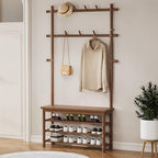 Bamboo Hall Tree with 13 Hook, 6-in-1 Entryway Bench with Coat Rack Freestanding, Coat Rack with Shoe Storage Bench Organizer for Mudroom, Bedroom, All-in-One Shoe Rack,Walnut