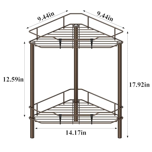 HuggieGems 2 Tier Floor Standing Corner Shower Caddy Organizer Shelf with Hooks, Bathroom Shelves Stand Rack, Bronze - color: Bronze, size: 2 Tier