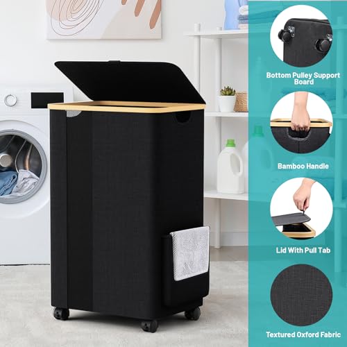 BlissTotes Laundry Basket Laundry Hamper with Lid, Collapsible Laundry Hampers, Laundry Bin, Clothes Hamper Basket with Internal Support & Wheels & Handles for Bathroom, Bedroom (100L, Black) - color: Black, size: 100L