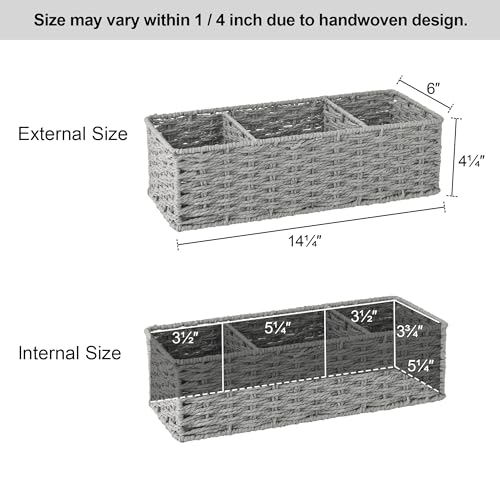 StorageWorks 3-Section Wicker Baskets for Shelves, Hand-Woven Round Paper Rope Storage Baskets, Gray, 2-Pack - color: Gray, size: 14¼"L x 6"W x 4¼"H