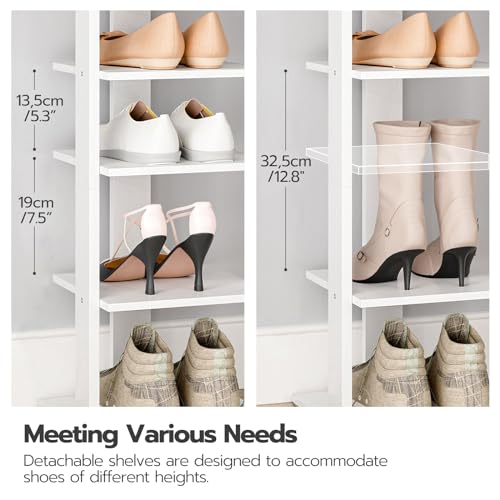 HOOBRO Vertical Shoe Rack for Front Door Entryway, 7 Tier Wooden Shoe Storage Organizer with Hooks, Narrow Shoe Tower for 7 Pairs, Space Saving, for Corner, Closet, Bedroom, White WT61XJ01 - color: White