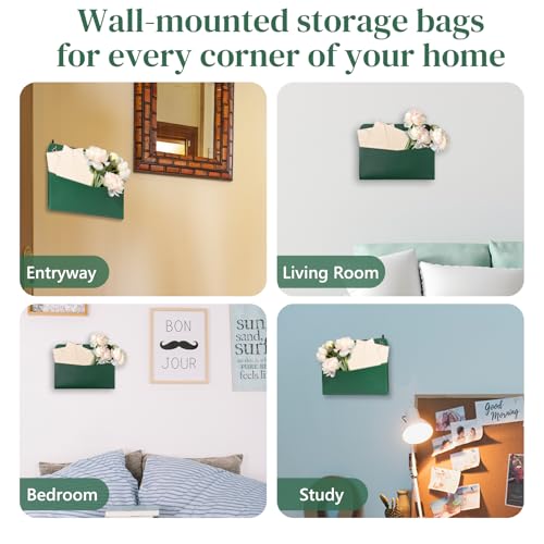 Wall Mount Green Faux Leather PU Leather Mail Holder Letter Holder Stylish Wall Hanging Mail Storage 2 Ring 9.8" x 7.7" x 1.4" File Organizer for Flowers Envelope Key Notebooks Home Office Decor - color: Green