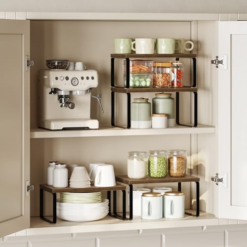 HOOBRO Cabinet Organizer Shelf, Set of 4 Kitchen Counter Shelves, Expandable Kitchen Storage, Stackable Bamboo Spice Rack, for Kitchen, Countertop, Office Desk, Bathroom, Mocha and Black CB30TLP201 - color: Mocha, Black