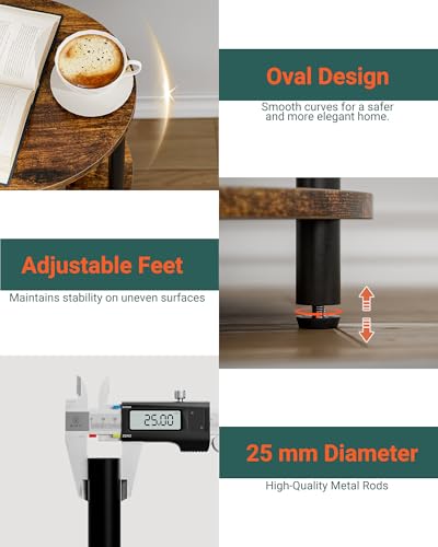 Small Round Side Table - 3-Tier Oval Accent Table for Small Spaces, Rustic Wood and Metal Couch End Table, Nightstand for Bedroom or End Table Living Room, Set of 2, Rustic Brown - color: Rustic Brown, size: 2-Pack, style: Without Power Outlets