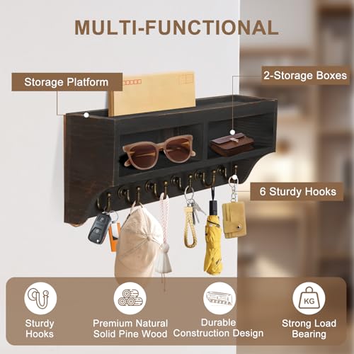 Key Holder Wall Mount - Mail Organizer Wall Mount with 6 Key Hooks and Storage Box for Sunglasses Storage and Dog Leash Holder Home Decor Rack Apartment Farmhouse Shelf Entryway Organizer (Black) - color: Black