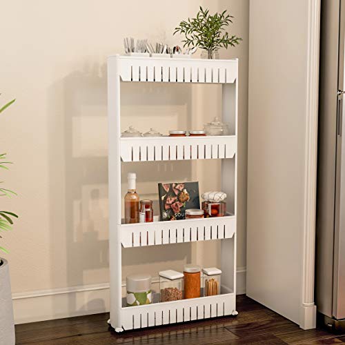4-Tier Storage Organizer Rack - Plastic Rolling Cart for Office, Dorm, Bedroom, Bathroom, and Laundry Room Organizing by Lavish Home (White) - size: 4-Tier