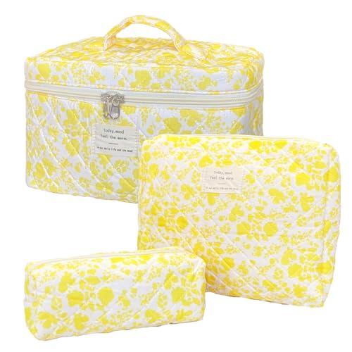 Yellow Large Quilted Floral Makeup Bag Set of 3 Cute Coquette Aesthetic Cosmetic Bag Set Travel Toiletry Bag for Women - color: B-3Pcs Yellow