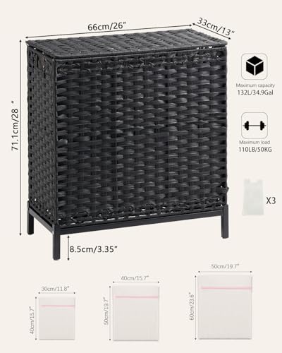 SETVSON Laundry Hamper with Lid 132 L, (35 Gallons) Clothes Hamper with Lid, Handwoven Rattan Laundry Hamper with Metal Heightened Feet, Laundry Hampers with 3 Removable Liner Bags for Laundry-Black - color: Black, size: 132 L - 35 gal