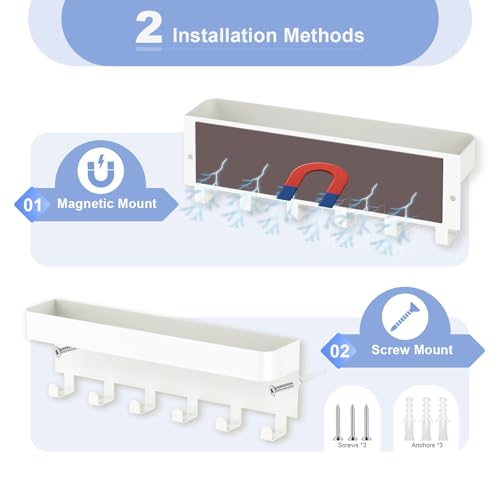 RELBRO Magnetic Key Holder for Fridge, Metal Wall Mount Key Rack with Shelf, 6 Hooks, 2 Installation Options, White - color: White