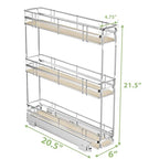 ROOMTEC 3-Tier Pull Out Cabinet Organizer Spice Rack for Narrow Cabinet 6" W x 20½" D, Slide Out Wood Shelves Storage for Kitchen - size: 6" W x 20½" D, 3 Tier, Wood Shelves