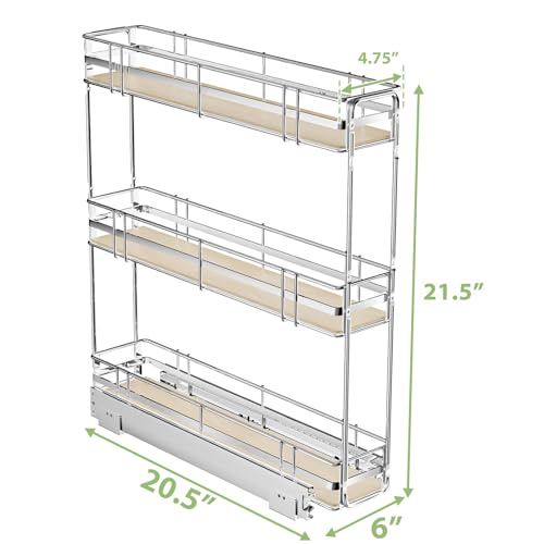 ROOMTEC 3-Tier Pull Out Cabinet Organizer Spice Rack for Narrow Cabinet 6" W x 20½" D, Slide Out Wood Shelves Storage for Kitchen - size: 6" W x 20½" D, 3 Tier, Wood Shelves