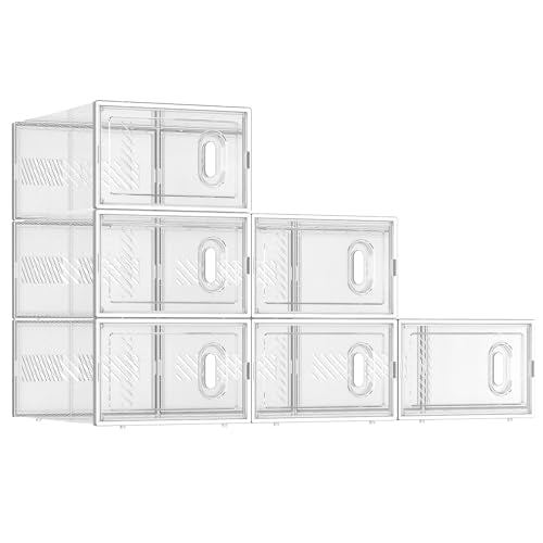 BALEINE 6 Pack Stackable Shoe Storage Boxes Fit Size 9, Thickened Clear Shoe Box Bins with Lids, Plastic Foldable Shoe Rack Organizer Sneaker Storage Containers (Large, White) - color: White, size: Large Fits Size 9-6PK