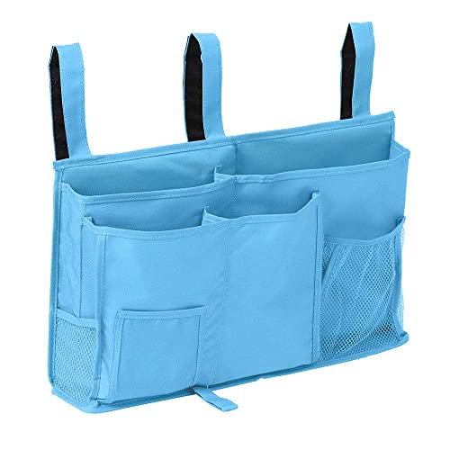 Createy Bedside Caddy Hanging Organizer Storage Bag Pocket for Bunk and Hospital Beds, College Dorm Rooms, Baby Bed Rails, Camp - 4 Pockets and 2 Hooks - color: Light Blue