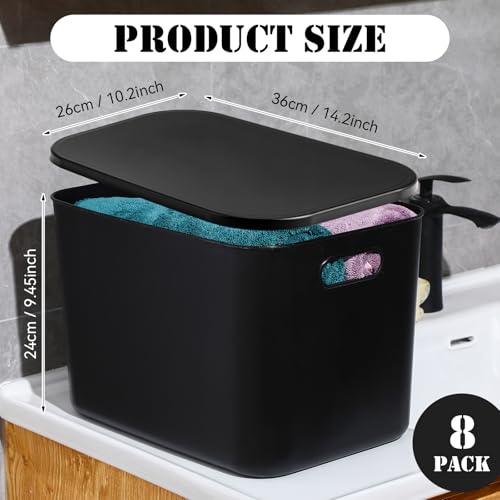 Hoolerry 8 Pieces Colorful Storage Bins with Lid, Plastic Storage Basket Organizing Container Stackable Box with Handle for Shelves Desktop Playroom Office(14.2 x 10.2 x 9.5 Inch,Black) - color: Black, size: 14.2 x 10.2 x 9.5 Inch