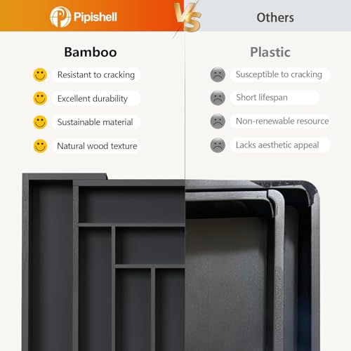 Pipishell Bamboo Expandable Drawer Organizer for Utensils Holder, Adjustable Cutlery Tray, Wood Drawer Dividers Organizer for Silverware, Flatware, Knives in Kitchen, Bedroom, Living Room (Black) - color: Black, size: Large