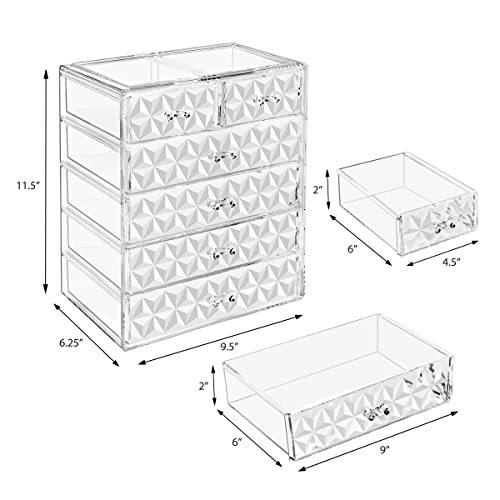 Sorbus Acrylic Makeup Organizer Set, 6-Drawer Vanity & Countertop Cosmetic Storage with Small & Wide Drawers, Diamond Makeup Storage for Brushes, Lipsticks, Jewelry – Holiday Gift for Women & Teens - color: Diamond, style: 4 Large, 2 Small Drawers