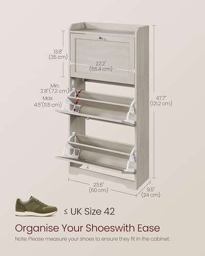 VASAGLE Shoe Cabinet with 3 Flip Drawers, Shoe Organizer, Adjustable and Removable Dividers, Holds 12-20 Pairs, Entryway, 9.4 x 23.6 x 47.7 Inches, Oatmeal Beige ULBC036LN02S - color: Oatmeal Beige, size: 9.5"D x 23.6"W x 47.7"H, style: shoe cabinet