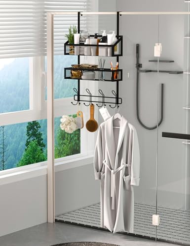 Over The Door Hooks Organizer Storage - Over The Door Hanger for Coat Rack, Storage with 12 Hook & 2 Mesh Baskets, for Bathroom,Bedroom,Kitchen,Office (2Tier Basket with 12 Hooks) - size: 3-Tier with 12 hooks