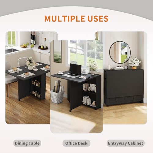 Garvee Folding Dining Table with Storage, Folding Kitchen Table with 6 Wheels, Drawer & Shelves, Compact Dining Table for Small Spaces - color: Black