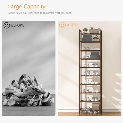 usikey 10 Tiers Narrow Shoe Rack 20-30 Pairs, Sturdy Metal Tall Shoe Rack Shelf with 4 Hooks, Slim Shoe Storage with Metal Shelf, Space Saving Vertical Shoe Organizer for Entryway Bronze UNYXJX018A - color: 10 Tier ( 17.9 X 11 X 69.2 Inches)-bronze