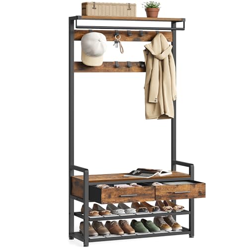 VASAGLE Hall Tree with Bench and Shoe Storage, Entryway Coat Rack with Shoe Bench, 2 Fabric Drawers, 10 Hooks, 11.8 x 31.7 x 71.5 Inches, Vintage Brown and Ink Black UHSR429B01 - color: Vintage Brown + Ink Black