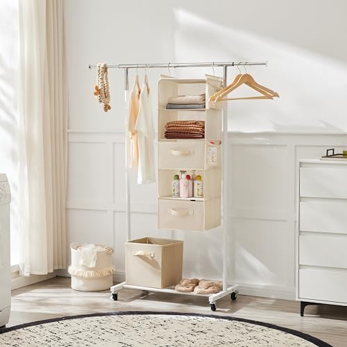 MAX Houser 5 Tier Shelf Hanging Closet Organizer, Cloth Hanging Shelf with 2 Sturdy Hooks for Storage, Foldable (Beige-D2) - color: Beige