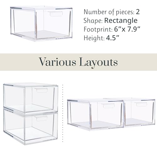 STORi Audrey Stackable Clear Bin Plastic Organizer Drawers | 2 Piece Set | Organize Cosmetics and Beauty Supplies on a Vanity | Made in USA - size: 4.5" Tall Set