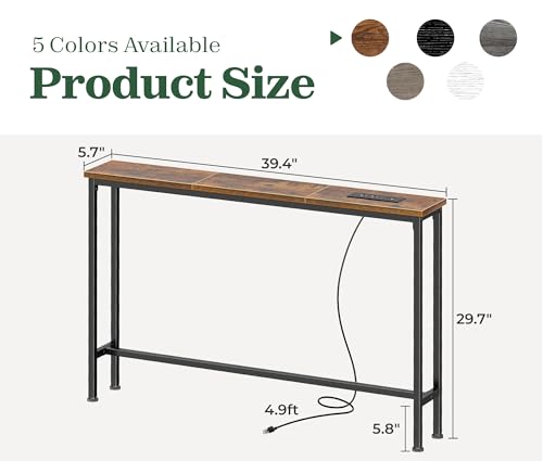 SUPERJARE 5.7 Inch Console Table with Outlet, Sofa Table, Behind Couch Table, 5.7 x 39.4 x 29.7 Inches, Metal Frame, for Living Room, Hallway, Rustic Brown - color: Rustic Brown, size: 5.7''D x 39.4''W x 29.7''H