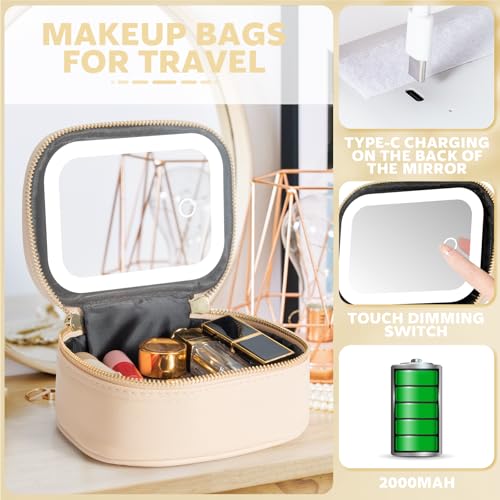 Mini Makeup Bag with Led Mirror,Small Travel Make up Bag 3 Light Modes Adjustable Brightness, for Women Organizer Cosmetic Bag, Portable Travel Train Toiletry Bag, for Pool Parties Work Touch-Ups - color: Beige