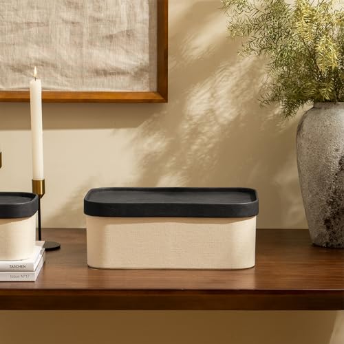 LA JOLIE MUSE Fluted Cardboard Storage Baskets with Leather-Like Lids, Sturdy Stackable Paper Boxes Decorative Tray, Black & Beige, Set of 3 - color: Beige & Black