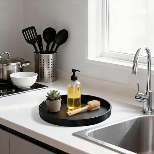 Bathroom Vanity Tray, 1 Pack 9" ABS Black Round Vanity Trays for Bathroom Counter, Dresser Decor Trays for Perfume, Candles, Keys, Kitchen Countertop Organizer, Decorative Tray Soap Holder - color: Black, size: 9"