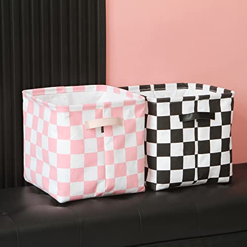 Hinwo 3-Pack Cubic Organizer Shelf Bins, Canvas Fabric Storage Baskets with Handles, 22L/5.8-Gal Square Storage Bins, Cubes, Collapsible Storage Box, 11 x 11 x 11 Inches (S, Pink Checkerboard) - color: Pink Checkerboard, size: S/11 x 11 x 11"/3-Pack