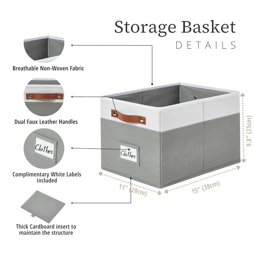 DECOMOMO Storage Baskets for Shelves - Large 15"x11"x10" Foldable Fabric Storage Bins, Baskets for Organizing with Labels (Grey & White, 4pcs) - color: Grey & White