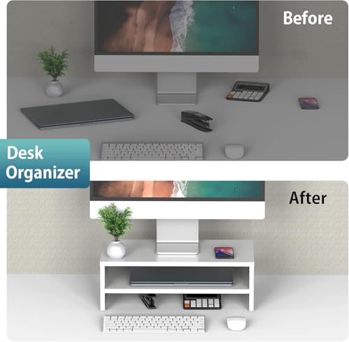 FITUEYES Monitor Stand - 2 Tier Computer Monitor Riser Shelf, Wood Desktop Stand for Laptop Computer Screen, Desk Organization, Office Supplies - color: White, size: 16.7“