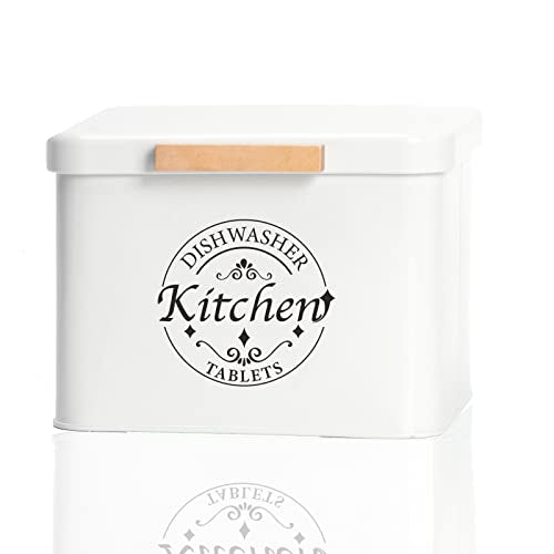 Dishwasher Pod Container with Hinged Lid. Farmhouse Metal Dishwaser Pods Holder for Kitchen Cabinet Organizer. Modern Kitchen Decor and Accessories. Dishwasher Detergent Tablet Storage(Cream) - color: Cream