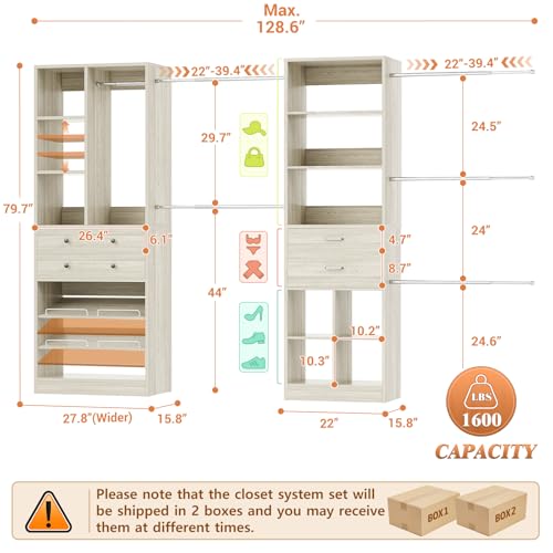Besiost Closet System, Up to 128.6"/10.7 FT Closet Organizer with 4 Wooden Drawers and Shelves, Walk-in Closet System with 6 Hanging Rods, Built-in Closet Can Fit 96"/8FT, 120"/10FT, Greige Oak - color: Greige Oak, size: Style B: 72"—128.6"(W)