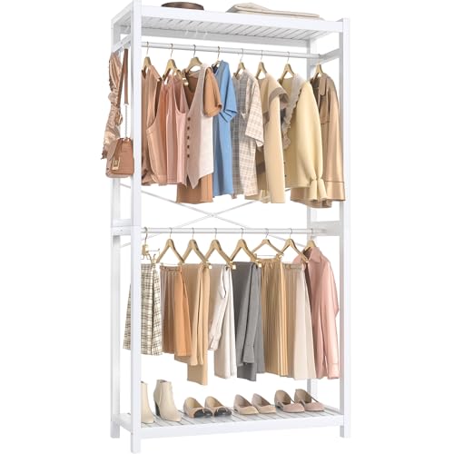 Homykic Bamboo Clothes Rack with Shelves and Double Hang Rods, Portable Closet System Garment Rack for Hanging Clothes, Tall Clothing Rack Corner Closet Organizer, Easy to Built, Freestanding, White - color: White, size: Standard
