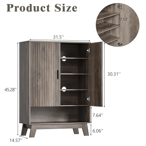 Shoe Cabinet Storage for Entryway, 5 Tier Fluted Shoe Storage Cabinet with Wooden Legs, Narrow Hidden Shoe Organizer with Adjustable Shelves, Freestanding Shoe Rack for Entryway, Hallway, Grey - color: Grey, size: 5 Tier