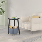 sthmec Small Round Side End Table with Cloth Storage Basket, Round Bedside Sofa Couch Coffee Tables for Small Places with Metal Frame, Modern Nighstands for Living Room Bedroom, Black - color: Black