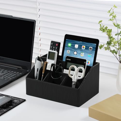 Remote Control Holder with 5 Compartments for Office Art Supplies, PU Leather Nightstand Organizer Pencil Pen Desk Caddy for Home, Desktop TV Remote Control Organizer Storage (Striped Black) - color: Striped Black
