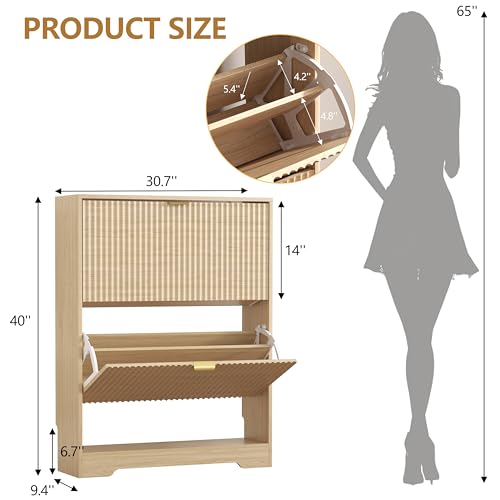 HUANLEGO Shoe Cabinet Storage for Entryway with 2 Flip Drawers, Fluted Shoe Cabinet with Open Storage, Wooden Hidden Shoe Rack Freestanding Narrow Slim Shoe Organizer for Hallway, Entrance - color: Oak, size: 2 Drawer