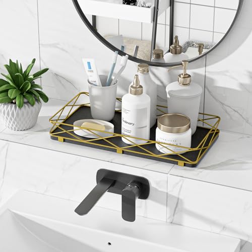 Lixple Toilet Paper Basket Holder, 13" Toilet Tank Tray, Wood and Metal Toilet Tray Vanity Organizer Bathroom Tray, Kitchen Sink Organizer for Soap Dispenser (Black + Gold) - color: Black+gold