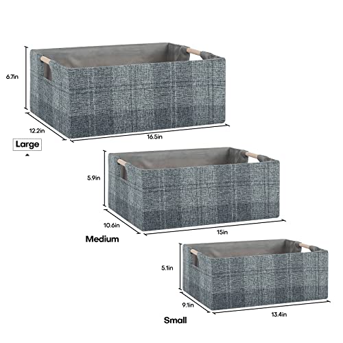 Fabric Storage Bin Box Collapsible Cotton Linen Storage Cube with Wooden Handles Rectangular Decorative Home Organizer Clothes Blanket Basket– Dark Gray Plaid, Large - color: Dark Gray Plaid, size: Large