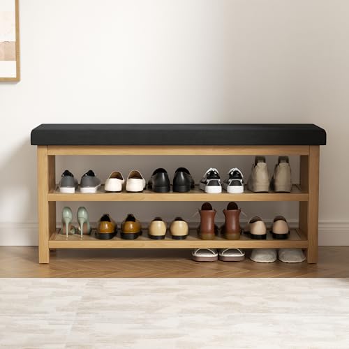 2 Tier Shoe Rack Bench with Cushion, Rubberwood Shoe Benches, Mid-Century Modern Shoe Storage Bench for Entryway, Hallway, Living Room, Closet, Front Door Entrance, Black - color: Black