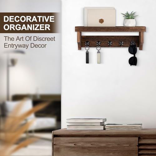 Key and Mail Holder Wall Mount, Key Holder with Shelf and Mail Organizer Wall Mount. Mail Holder with 5 Hooks for Coat, Dog Leash, Home Decor Rack, Entry Way Organizer (Brown) - color: Brown