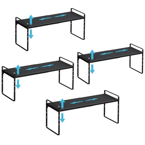 15.5 to 25.5 Inch Kitchen Cabinet Shelf Organizers, Adjustable Kitchen Counter Shelf Organizer, Set of 4 Expandable Countertop Storage Shelves, Stackable Design, 30LBS Heavy Duty, Space Saver - color: Black