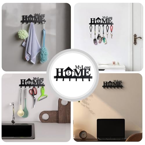 Key Holder Wall Mounted with Screws and Anchors, Black Multifunctional Key Hanger with 6 Hooks, Entryway Front Door Kitchen Hallway Garage Office - color: Home-4 Black