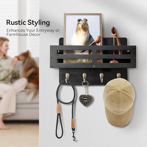 Key Holder Wall Mount, 10 inch Decorative Key and Mail Holder for Wall, with Mail Organizer & 4 Key Hooks, Rustic Wooden Key Rack for Hanging Dog Leash Sunglasses, Entryway Key Hanger, Black - color: Black, size: 10.2IN